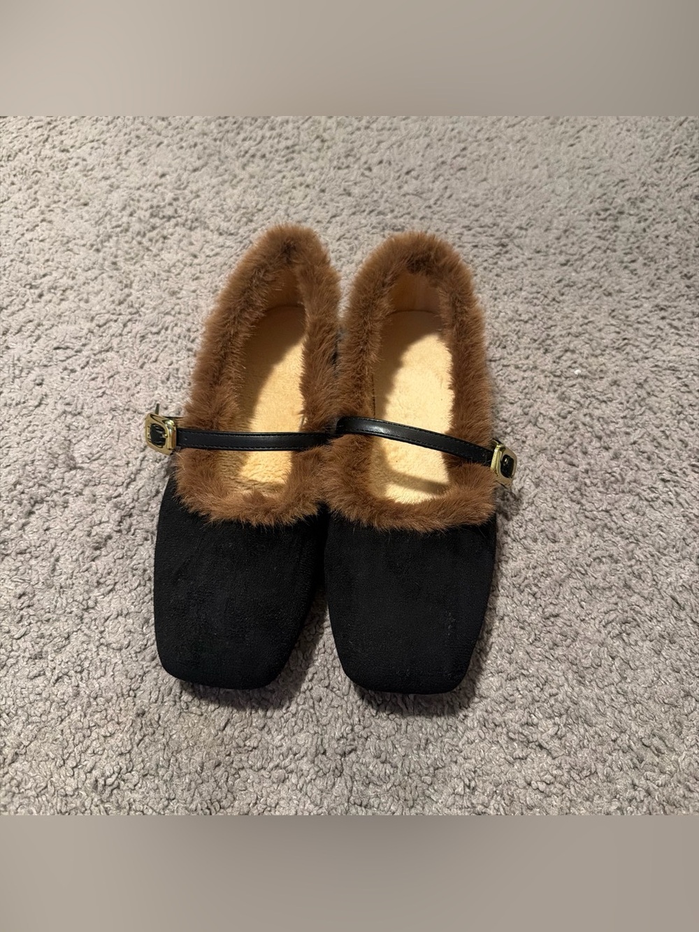 Faux-Fur Trim Black Mary Jane Flats